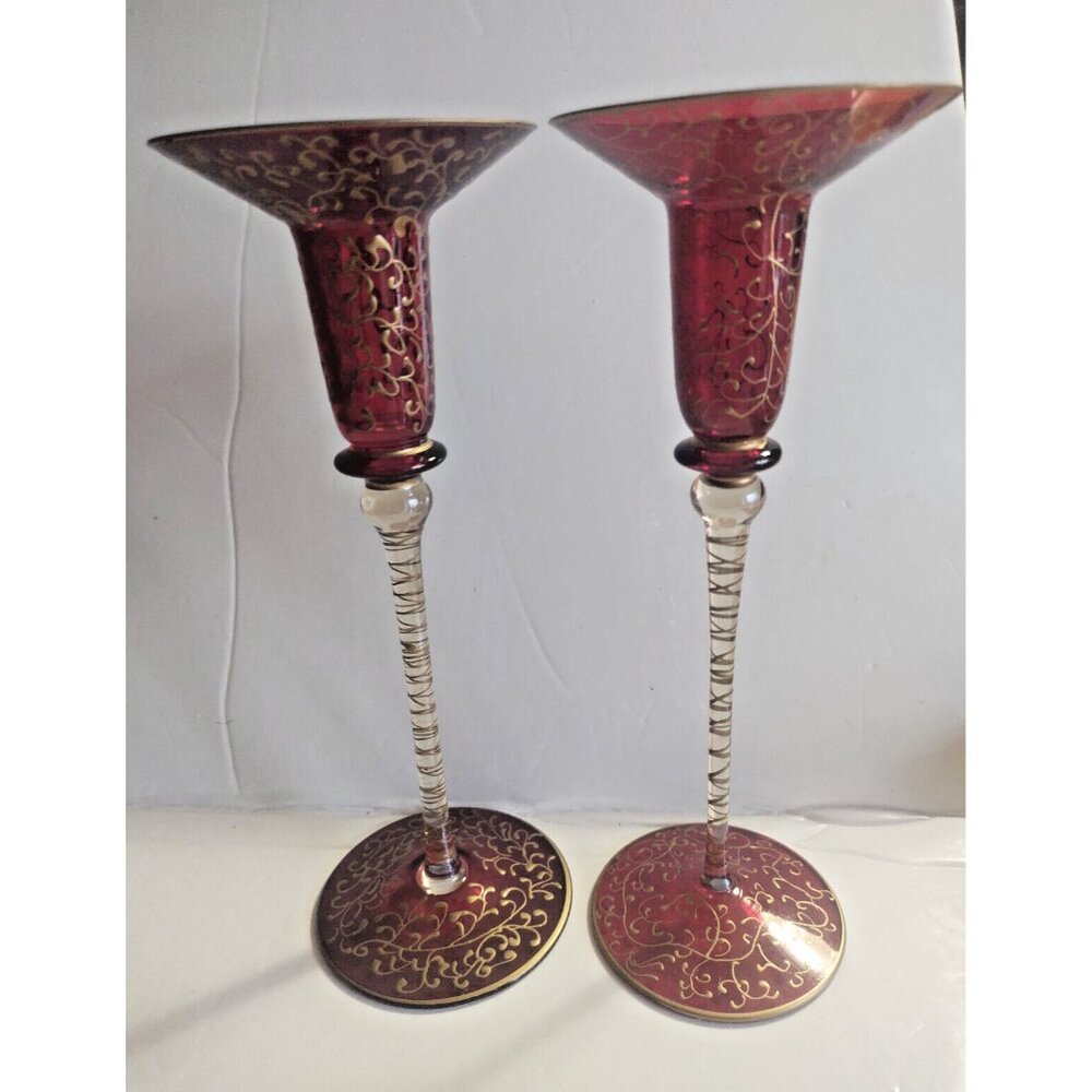 Jubilee Glass Taper Candle Holders Ruby Red Gold Gilded Scrolls 10" set of 2